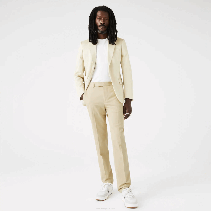 beige 68s V6HV1642 Hommes Lacoste pantalon plissé en coton et lin mélangés