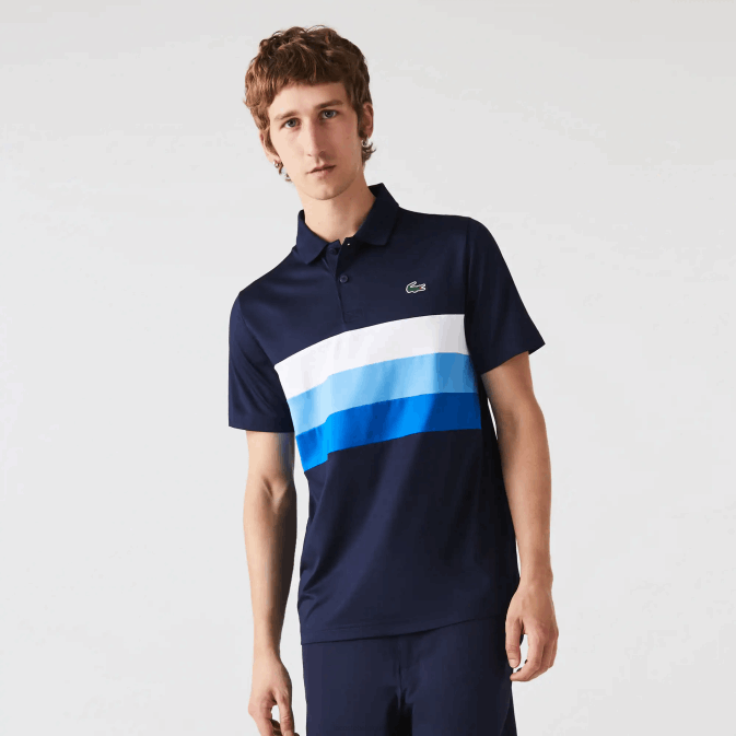 bleu marine blanc zf2 V6HV826 Hommes Lacoste polo de golf sport rayure tricolore
