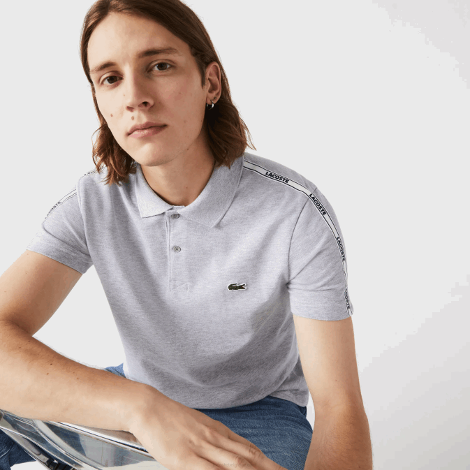 gris chiné cca V6HV923 Hommes Lacoste polo regular fit en coton stretch avec bandes griffées