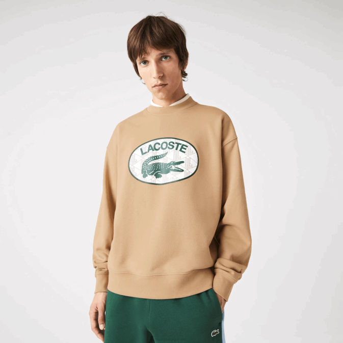 beige 02s V6HV1009 Hommes Lacoste sweat ample à imprimé monogramme de marque