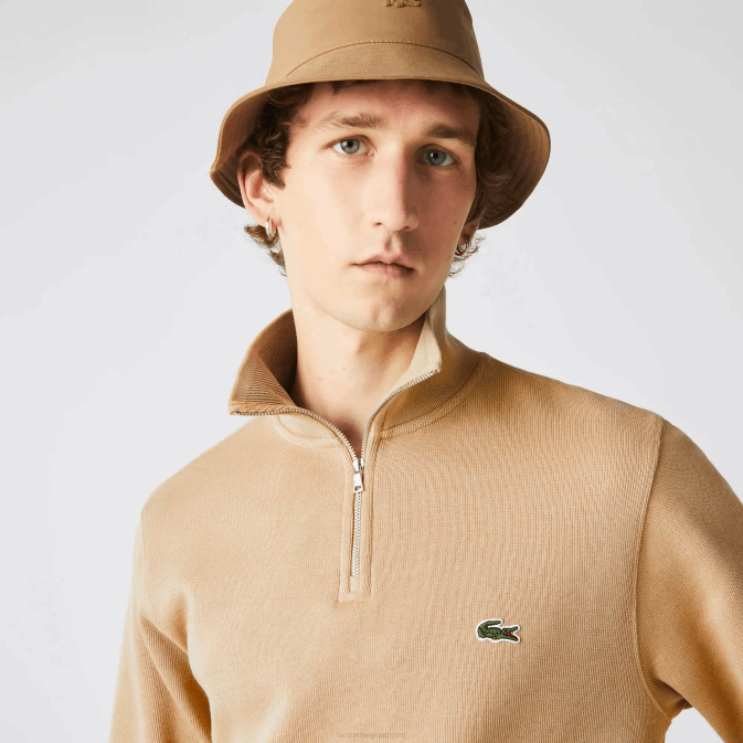 beige 02s V6HV957 Hommes Lacoste sweat col montant zippé en coton
