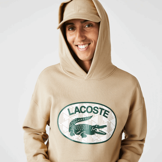 beige 02s V6HV971 Hommes Lacoste sweat à capuche ample avec monogramme de marque