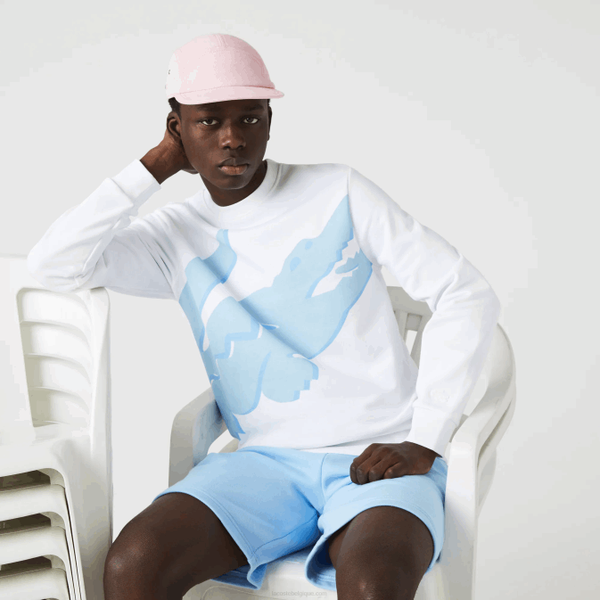 blanc 001 V6HV1075 Hommes Lacoste sweat col rond en molleton de coton bio imprimé