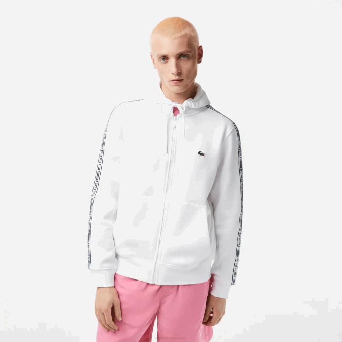 blanc 001 V6HV12 Hommes Lacoste sweat à capuche zippé coupe classique avec rayures de la marque