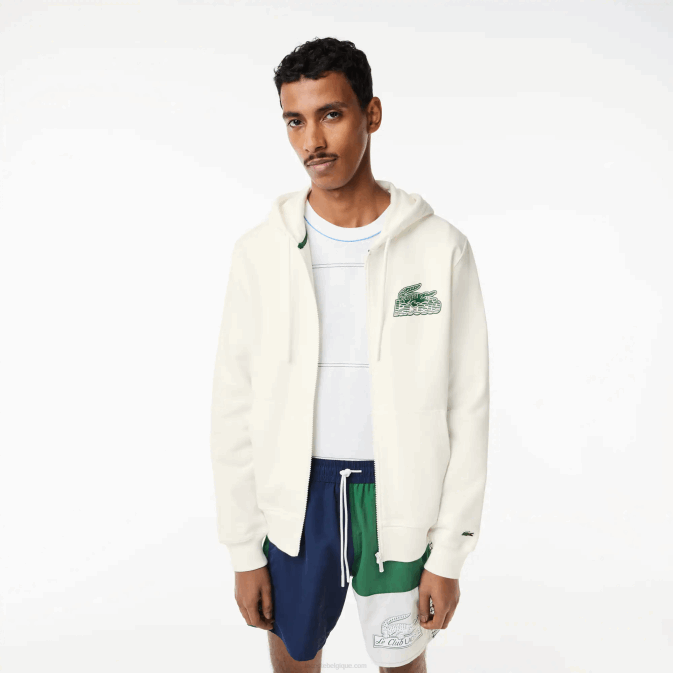 blanc 70v V6HV319 Hommes Lacoste sweat à capuche zippé en molleton non brossé