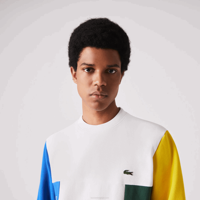 blanc bleu jaune vert 8nr V6HV1159 Hommes Lacoste sweat-shirt en molleton de coton color block à col rond