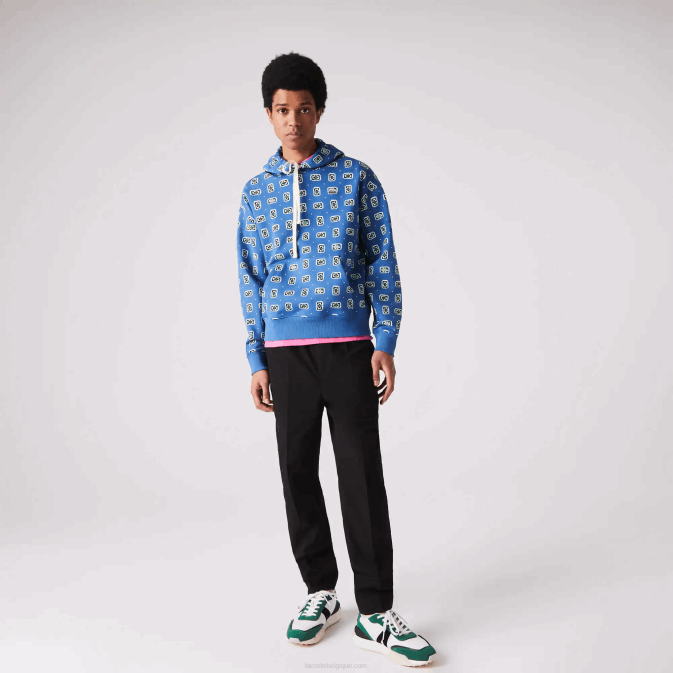 bleu blanc bx9 V6HV1143 Hommes Lacoste sweat à capuche ample en coton imprimé live
