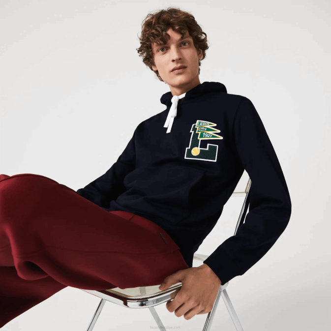 bleu marine 166 V6HV1100 Hommes Lacoste pennants l badge sweat à capuche en molleton de coton