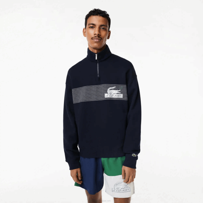 bleu marine 166 V6HV283 Hommes Lacoste sweat-shirt ample en coton biologique à col zippé