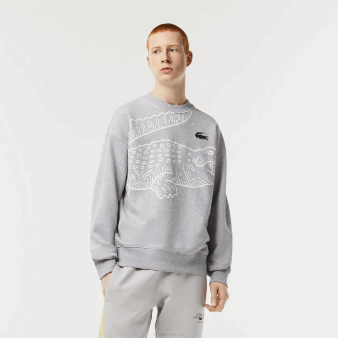 gris chiné cca V6HV362 Hommes Lacoste sweat ample à col rond et imprimé croco