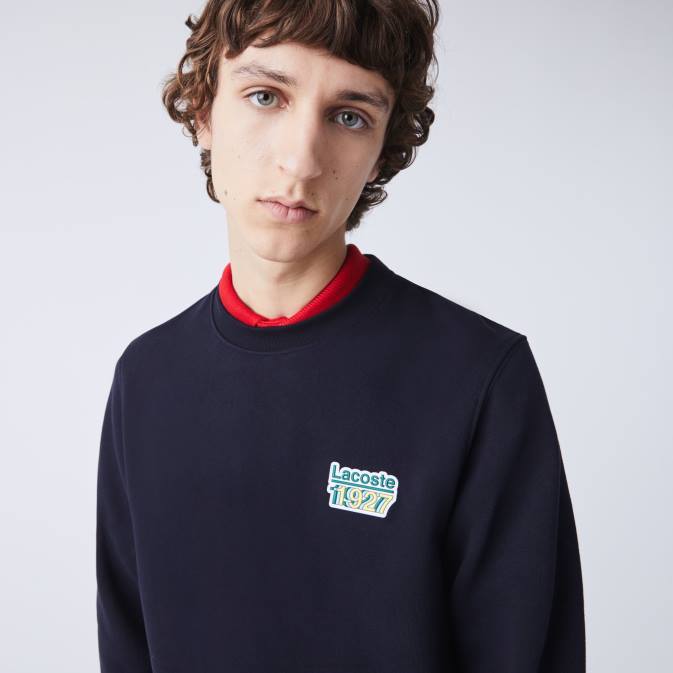 hde bleu marine V6HV1162 Hommes Lacoste sweat-shirt en polaire à badge vintage à col rond