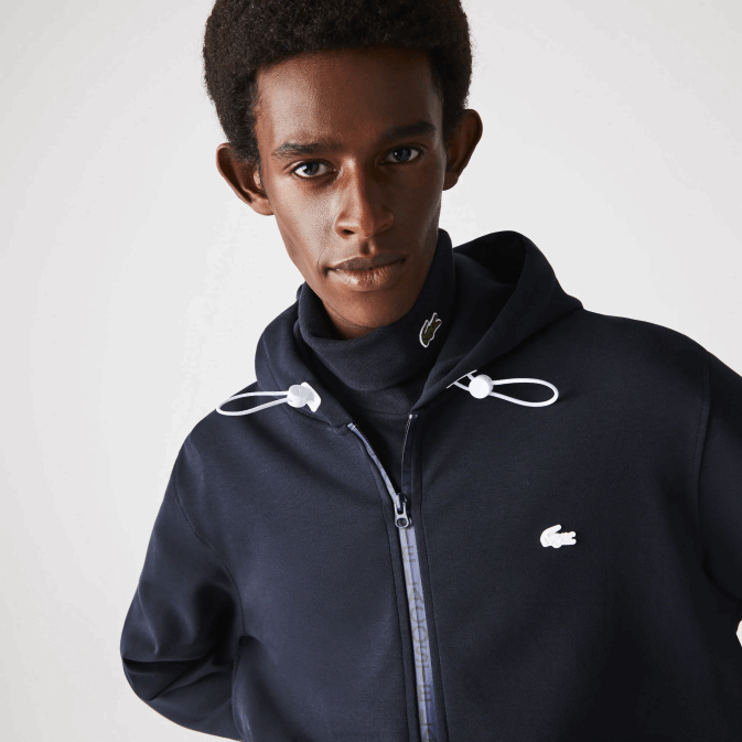hde bleu marine V6HV1177 Hommes Lacoste sweat zippé à capuche en coton mélangé
