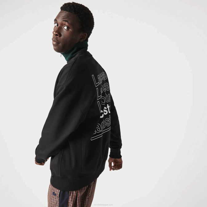 noir 031 V6HV1197 Hommes Lacoste sweat ample en molleton imprimé à col ras du cou live