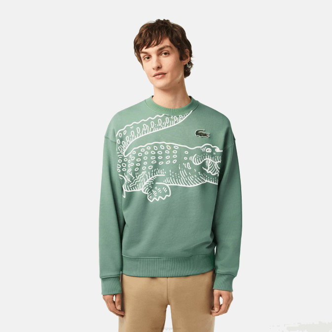 vert kaki kx5 V6HV361 Hommes Lacoste sweat ample à col rond et imprimé croco