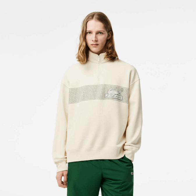 xfj blanc V6HV282 Hommes Lacoste sweat-shirt ample en coton biologique à col zippé
