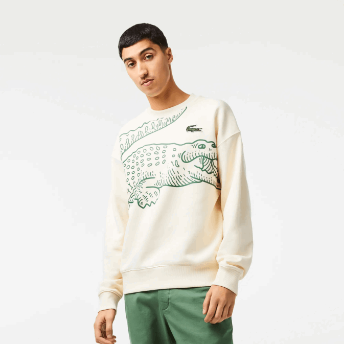 xfj blanc V6HV360 Hommes Lacoste sweat ample à col rond et imprimé croco