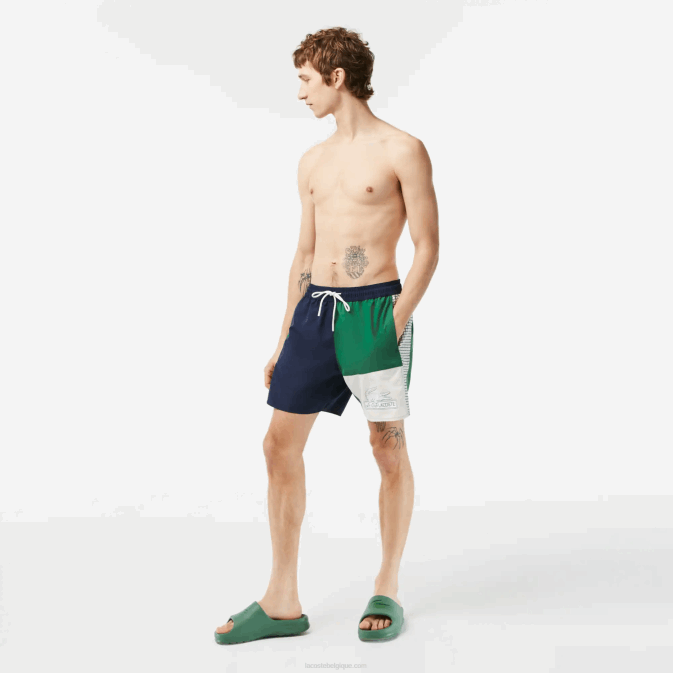 bleu marine vert blanc ast V6HV520 Hommes Lacoste maillot de bain color block en polyester recyclé