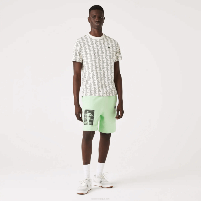 salut vert V6HV1585 Hommes Lacoste short en molleton de coton à imprimé héritage vivant