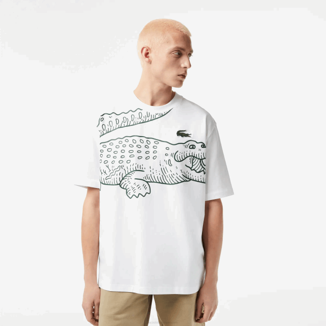blanc 001 V6HV254 Hommes Lacoste t-shirt ample à col rond et imprimé crocodile