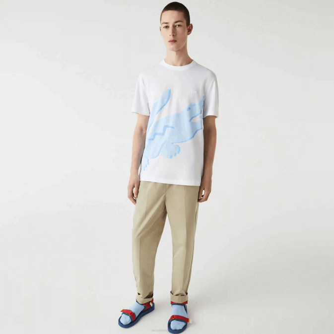 blanc 001 V6HV637 Hommes Lacoste t-shirt col rond en coton bio stretch imprimé crocodile