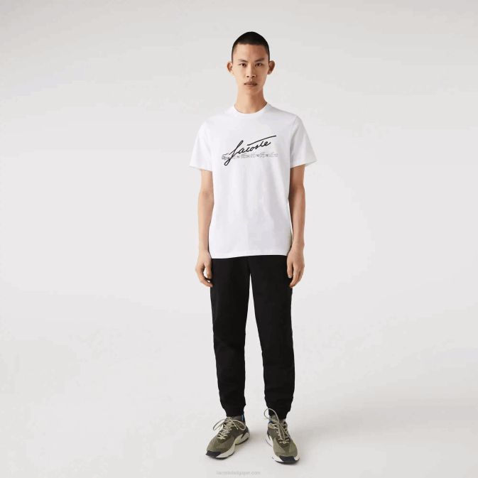 blanc 001 V6HV761 Hommes Lacoste t-shirt en coton à col rond imprimé signature et crocodile