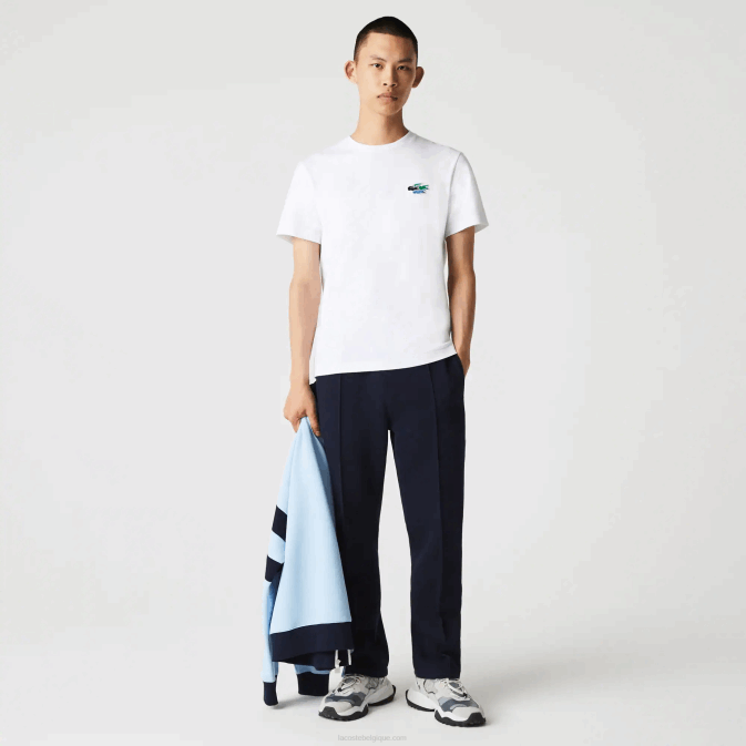 blanc 001 V6HV919 Hommes Lacoste t-shirt col rond crocodiles colorés en coton bio