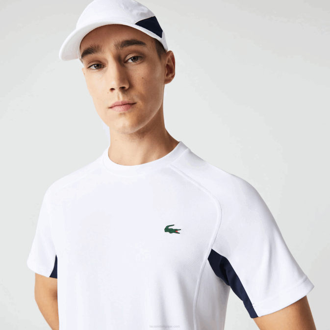 blanc bleu marine blanc y2u V6HV583 Hommes Lacoste t-shirt de tennis sport en piqué ultra sec color-block