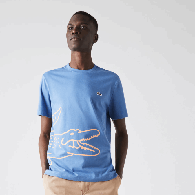 bleu 776 V6HV903 Hommes Lacoste t-shirt col rond en coton bio imprimé crocodile