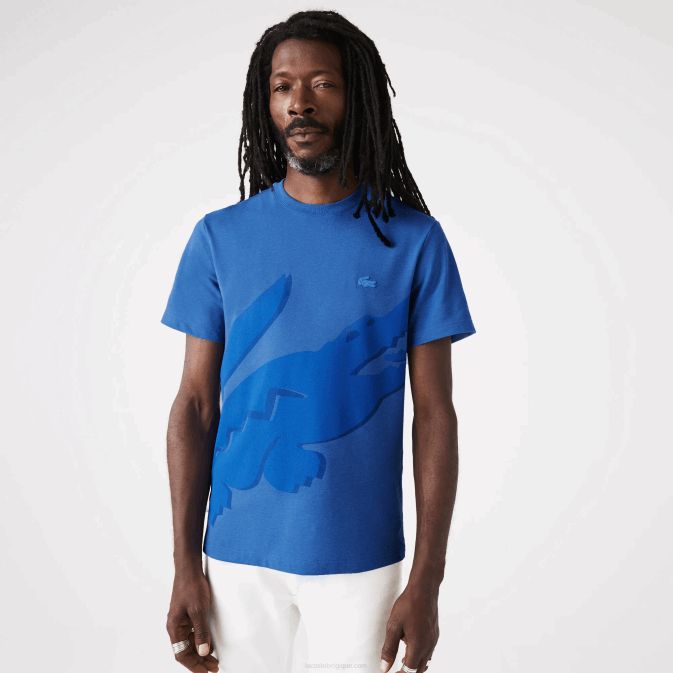 bleu chiné hg3 V6HV639 Hommes Lacoste t-shirt col rond en coton bio stretch imprimé crocodile
