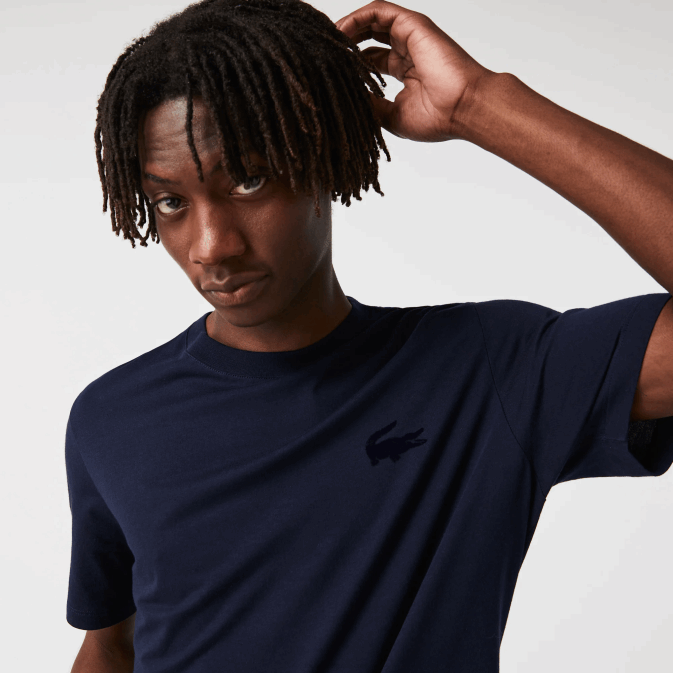 bleu marine 166 V6HV1344 Hommes Lacoste t-shirt lounge en coton à col rond et crocodile en velours