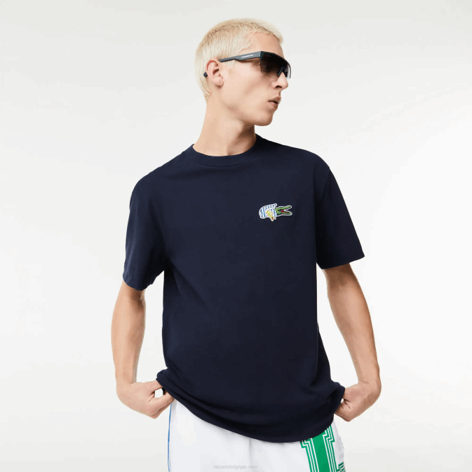bleu marine 166 V6HV741 Hommes Lacoste t-shirt coupe ample à écusson effet bande dessinée