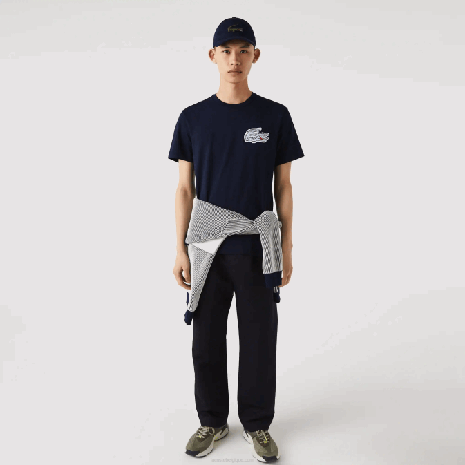 bleu marine 166 V6HV911 Hommes Lacoste t-shirt en coton à col rond et écusson crocodile Heritage