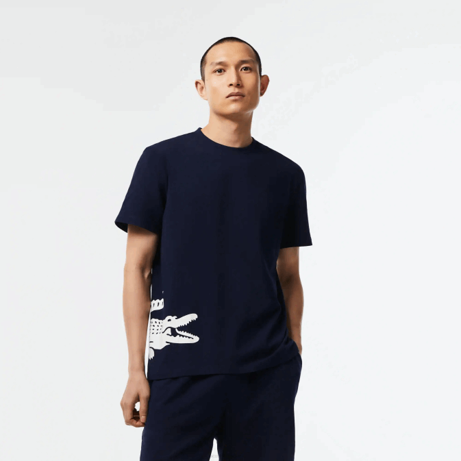 bleu marine blanc 525 V6HV495 Hommes Lacoste t-shirt en jersey de coton à imprimé contrasté