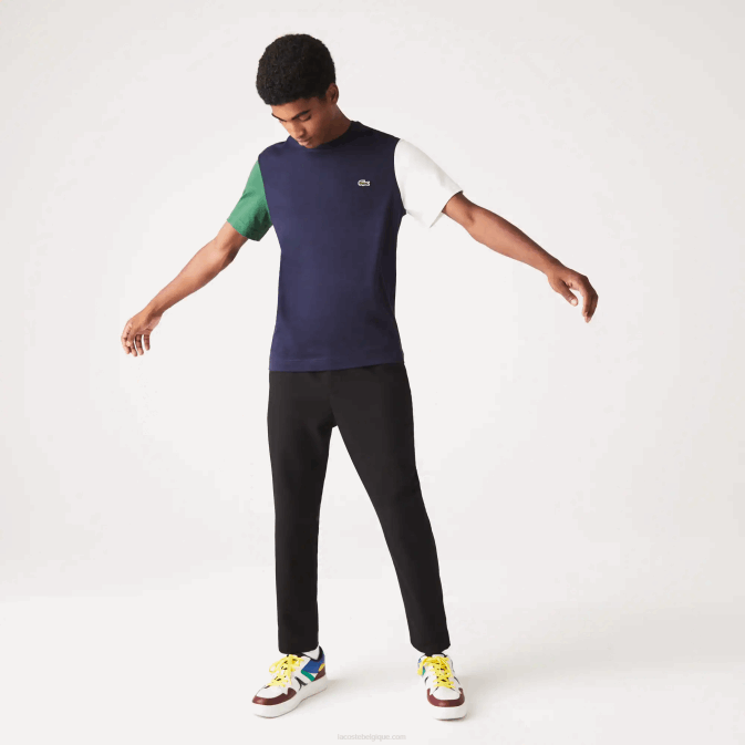 bleu marine vert blanc yun V6HV814 Hommes Lacoste t-shirt coupe classique en jersey de coton color block