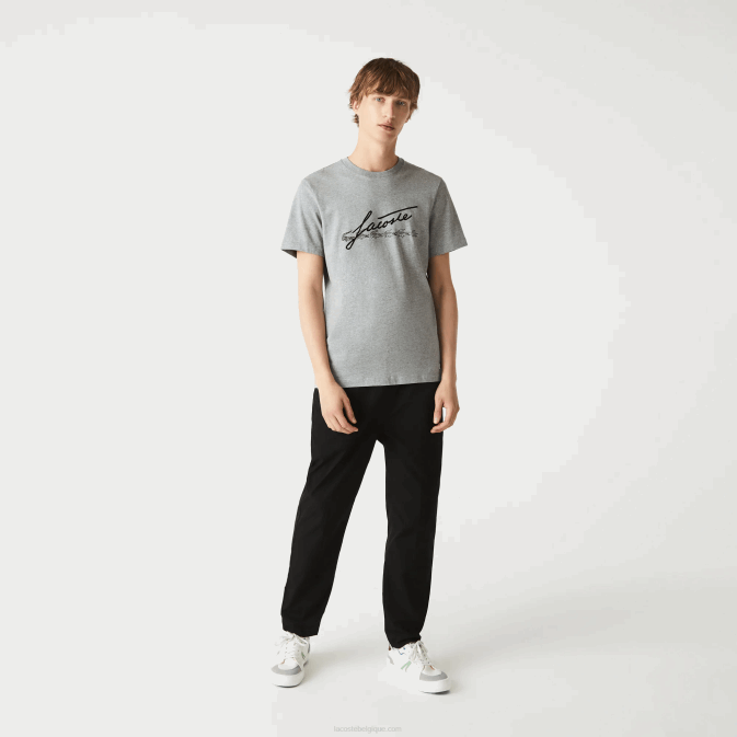 gris chiné 4jv V6HV760 Hommes Lacoste t-shirt en coton à col rond imprimé signature et crocodile