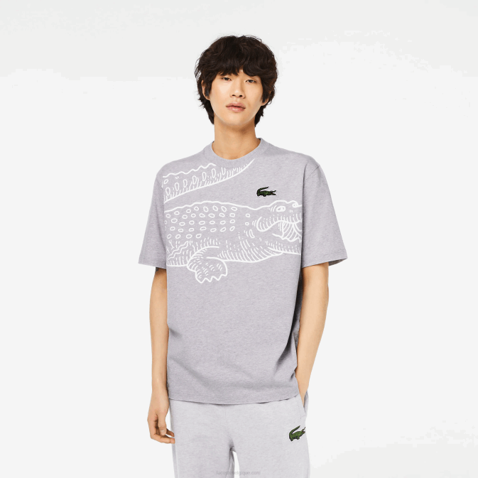 gris chiné cca V6HV253 Hommes Lacoste t-shirt ample à col rond et imprimé crocodile