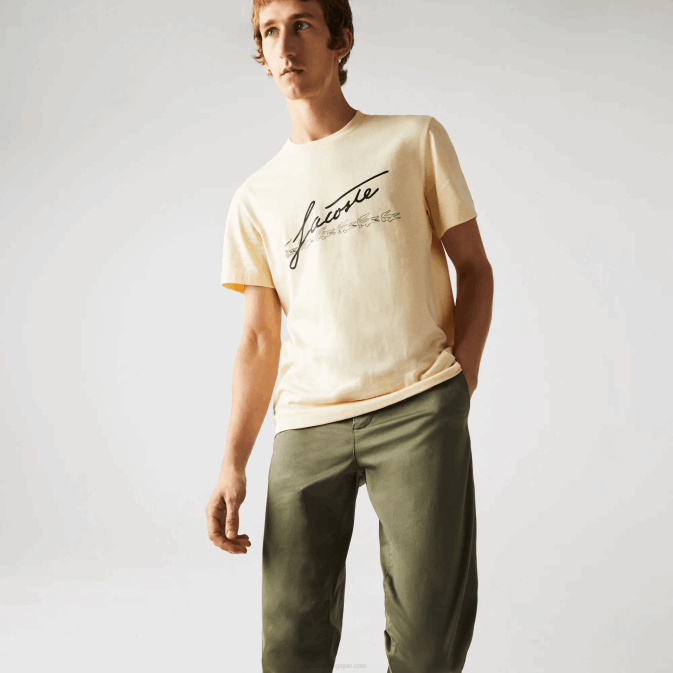hbz jaune V6HV762 Hommes Lacoste t-shirt en coton à col rond imprimé signature et crocodile
