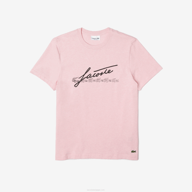 hcq rose V6HV763 Hommes Lacoste t-shirt en coton à col rond imprimé signature et crocodile