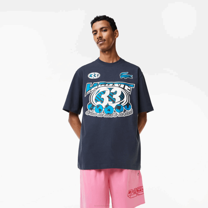 kxe bleu V6HV146 Hommes Lacoste t-shirt ample imprimé en jersey de coton