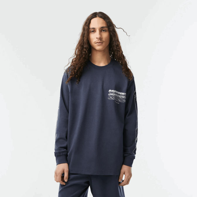 kxe bleu V6HV176 Hommes Lacoste t-shirt ample à manches longues en jersey de coton