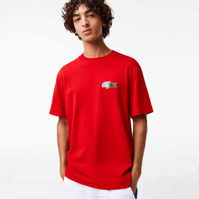 rouge 240 V6HV744 Hommes Lacoste t-shirt coupe ample à écusson effet bande dessinée