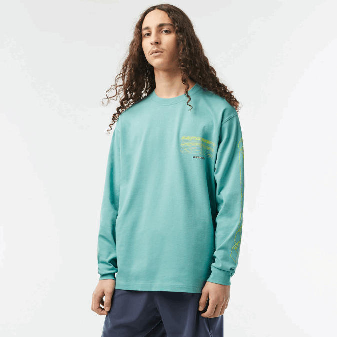 vert 3a4 V6HV177 Hommes Lacoste t-shirt ample à manches longues en jersey de coton