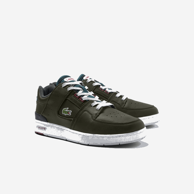 kaki et blanc 255 V6HV1705 Hommes Lacoste baskets court cage en cuir à contraste de couleurs