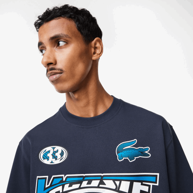 kxe bleu V6HV146 Hommes Lacoste t-shirt ample imprimé en jersey de coton