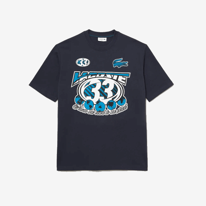 kxe bleu V6HV146 Hommes Lacoste t-shirt ample imprimé en jersey de coton