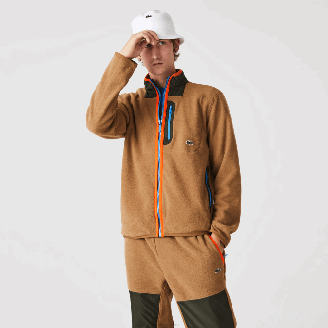marron vert kaki 89f V6HV979 Hommes Lacoste sweat-shirt zippé en polaire coupe décontractée