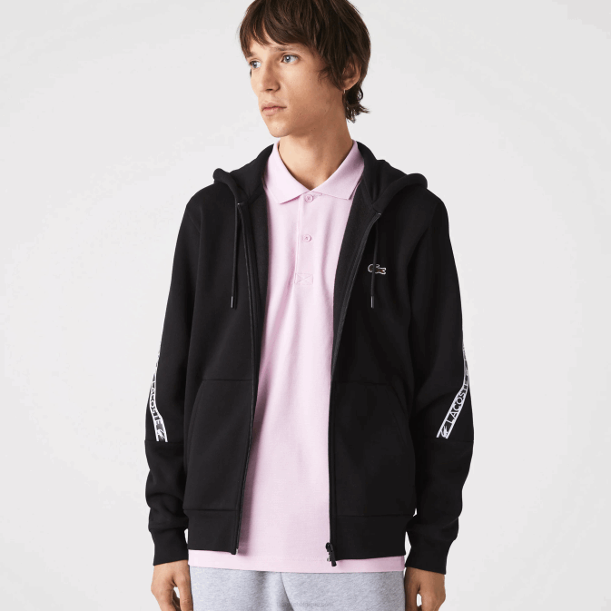 noir 031 V6HV1240 Hommes Lacoste sweat zippé à capuche bandes imprimées