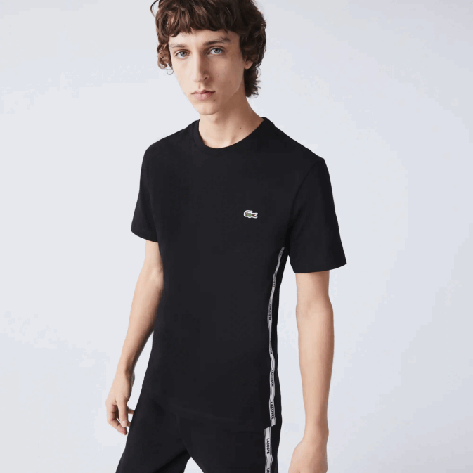 noir 031 V6HV910 Hommes Lacoste t-shirt en coton à col rond et bandes griffées