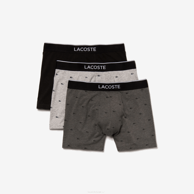 noir gris chine vdp V6HV1429 Hommes Lacoste Lot de 3 boxers longs en coton stretch avec taille marquée