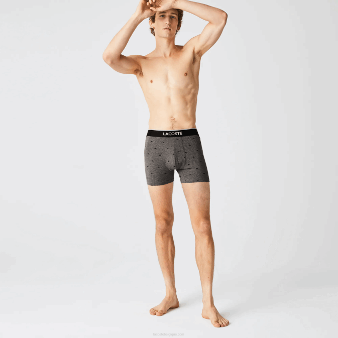 noir gris chine vdp V6HV1429 Hommes Lacoste Lot de 3 boxers longs en coton stretch avec taille marquée
